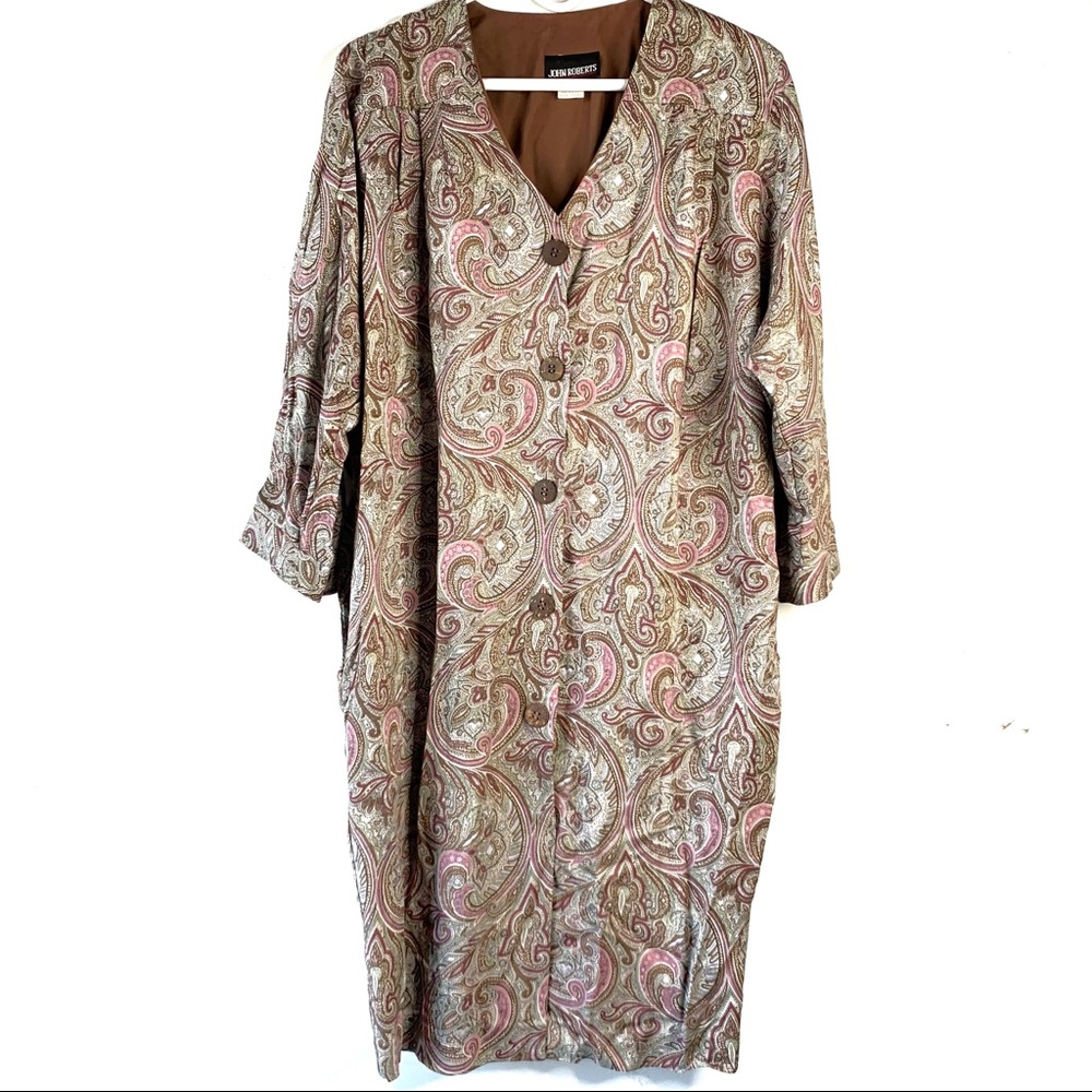 Vintage JOHN ROBERTS Button Up Brown Paisley Dress